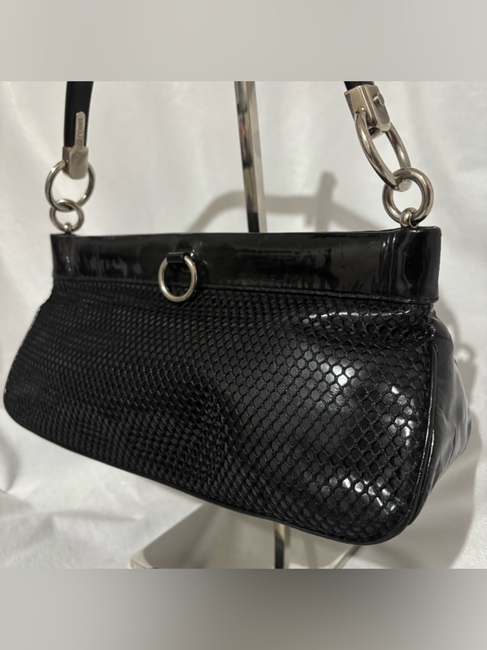 Sergio Rossi Vintage 90s Black Mesh Baguette Hobo Bag Silver O-Ring Detail - Picture 7 of 14